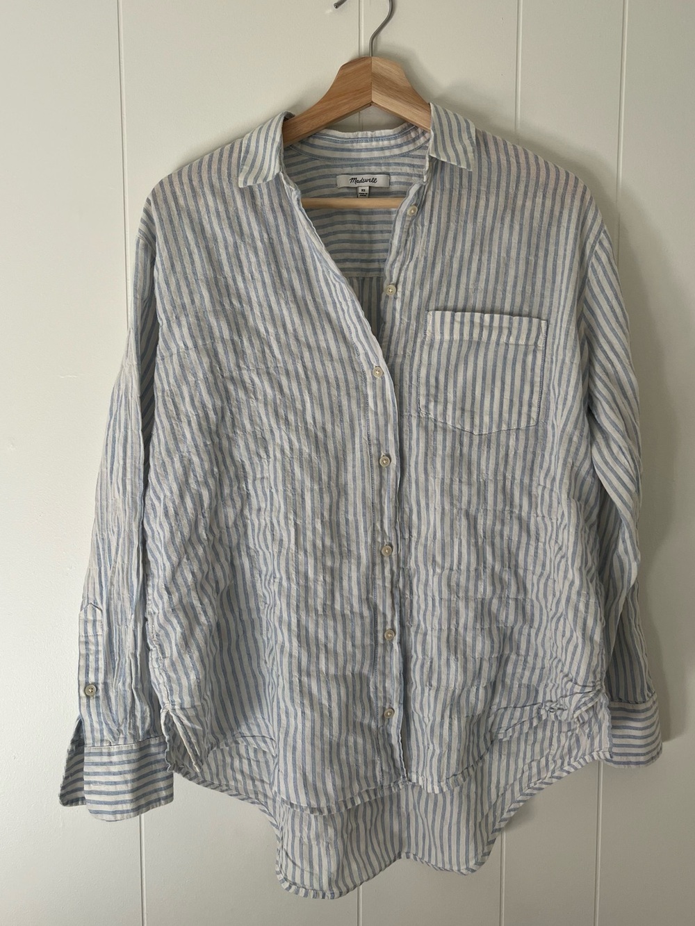 Madewell Light Blue and White Stripe Linen Button-Up Shirt